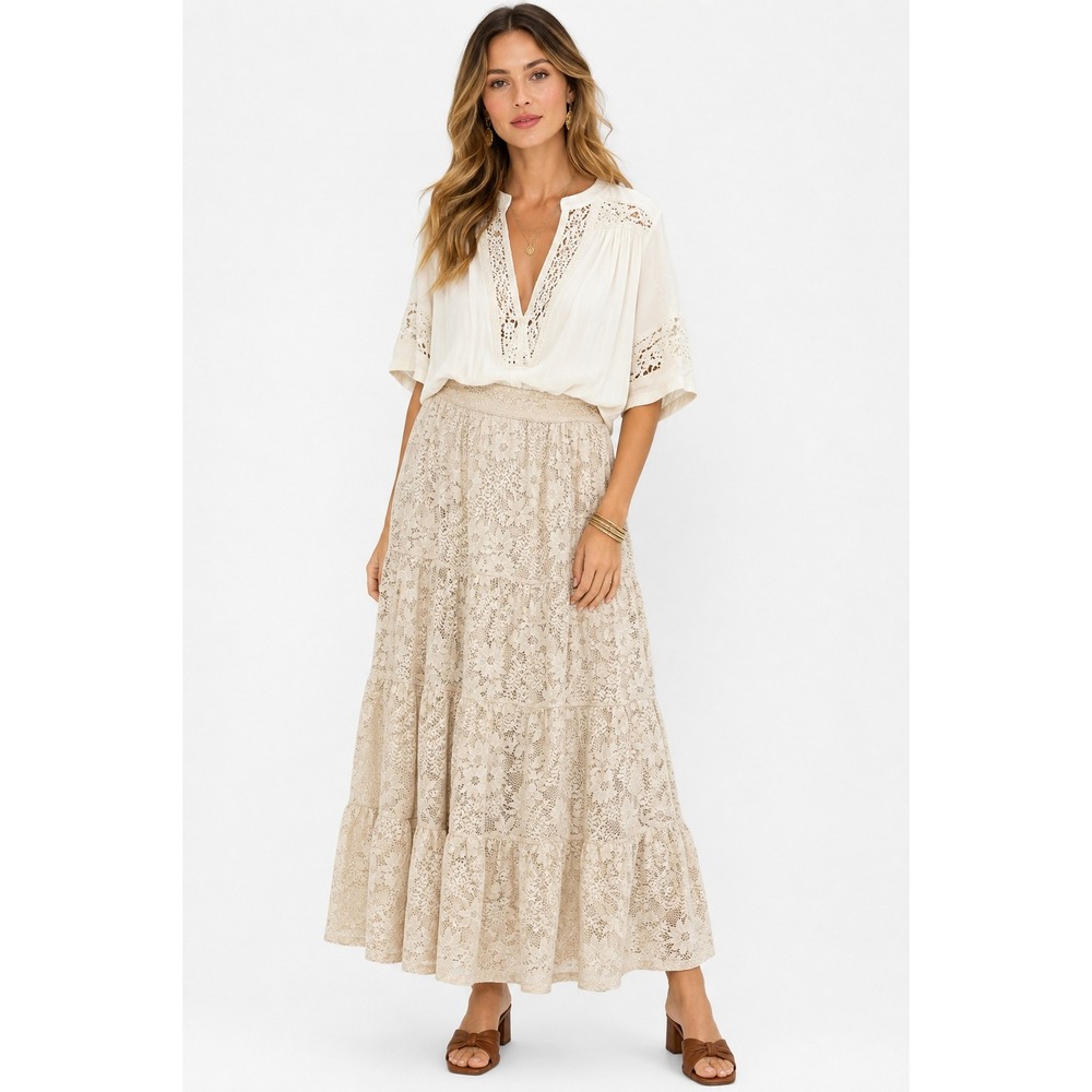 Daniel Rainn Aaliyah Tiered Maxi Skirt Off-White Floral Lace Boho Small NWT